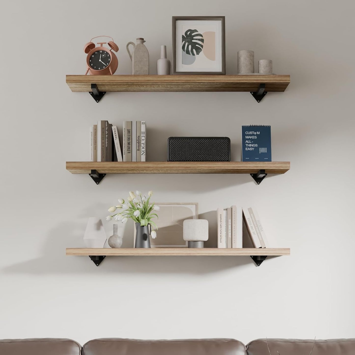 36 inch Long Wall Shelves Set of 3, Rustic Wood Long Floating Shelves, Large Wall Mounted Shelves with Metal Brackets, Farmhouse Bookshelf for Living Room, Bedroom, Bathroom (36 inch 3 Tier)