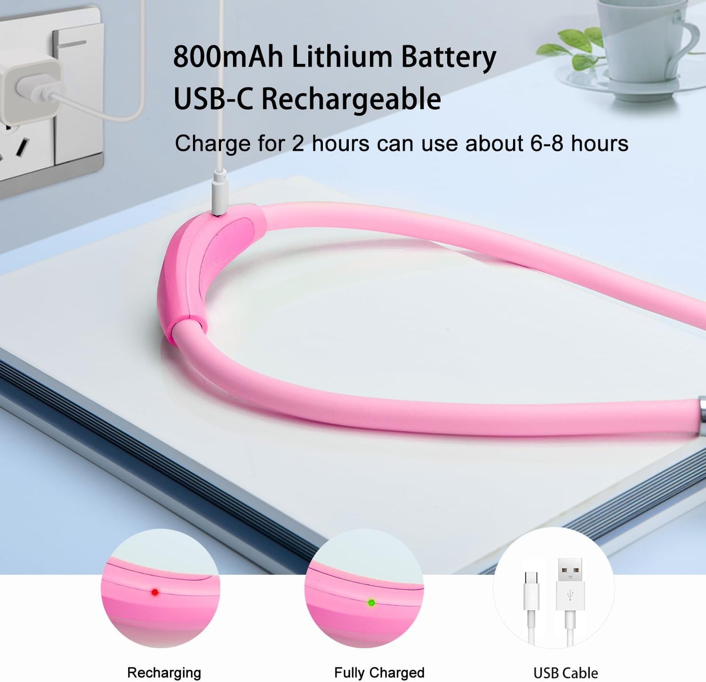 LED Neck Book Light, USB-C Rechargeable, Hands Free, 4 Super Bright LED Bulbs, 3 Adjustable Brightness, Best for Reading in Bed, Knitting, Walking, Jogging, Mending in Night (Pink)