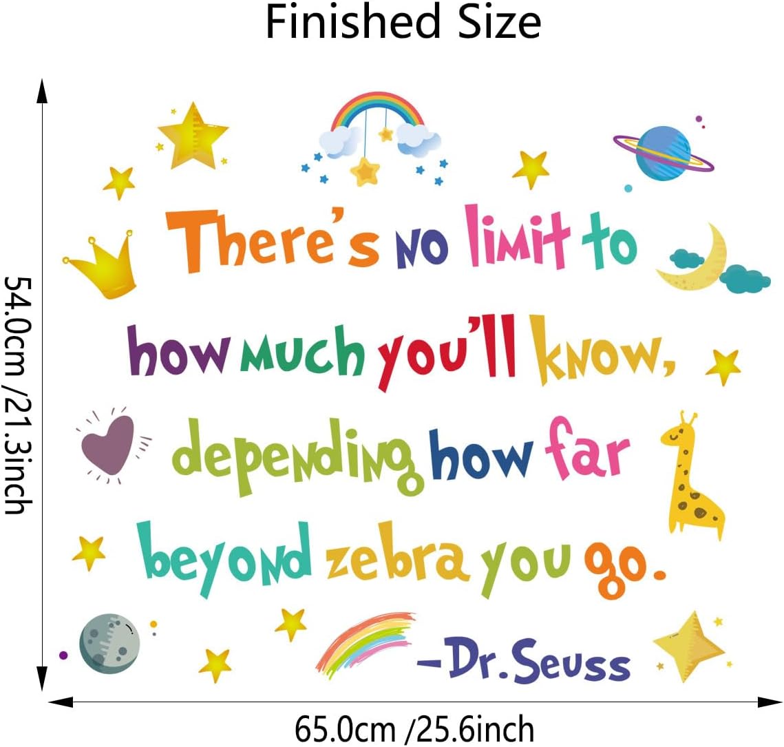 BooDecal 25.6 x 21.3 inches Colorful Dr Seuss No Limit Motivational Education Wall Lettering Stickers Murals Quotes and Sayings Home Art Décor for Door Entrance Living Room