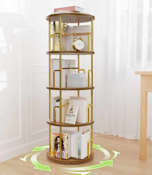 4 Tier Rotating Bookshelf Tower Round Gold,50” Floor Standing Spinning Bookshelf Tower Anti-Tipping Design,Metal & Wood Revolving Bookcase Stackable Space Saving for Small Spaces,Study,Living Room
