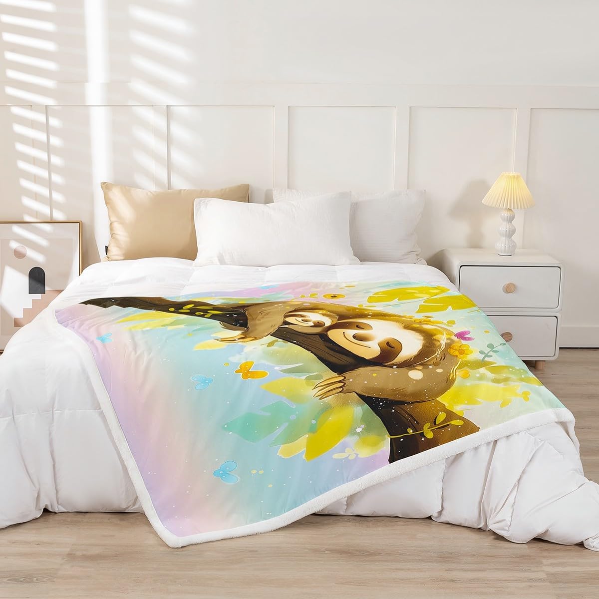 Feelyou Cute Sloth Sherpa Blanket Yellow Floral Animal Sloth Fleece Throw Blanket for Kids Boys Girls Cartoon Sloth Plush Blanket Sloth Fuzzy Blanket for Sofa Bed Couch 60"x80"