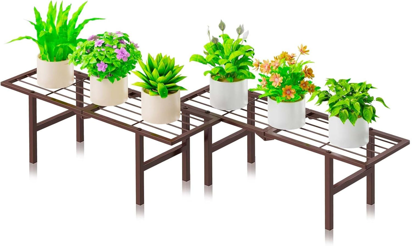 2 Pack Metal Plant Stand Outdoor Indoor, 1 Tier Folding Tiered Flower Plant Shelf, Heavy Duty Ladder Multiple Pot Display Plant Rack for Patio Garden Balcony Windowsills, Brown