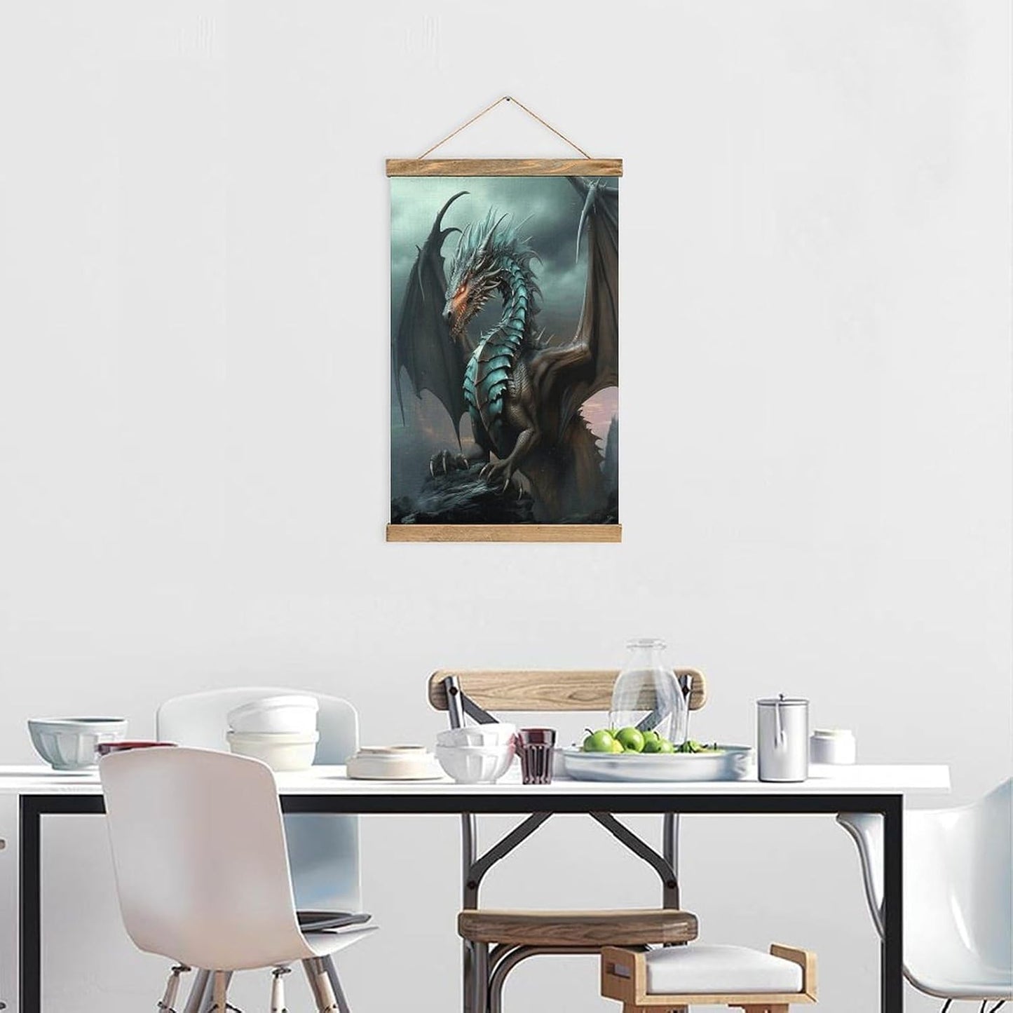 Vintage Cool Dragon Poster with Wooden Frame Personalized Linen Hanging Scroll Painting Rustic Wall Hanging Illustrative Modern Artwork Decor for Home Living Room Bedroom Office