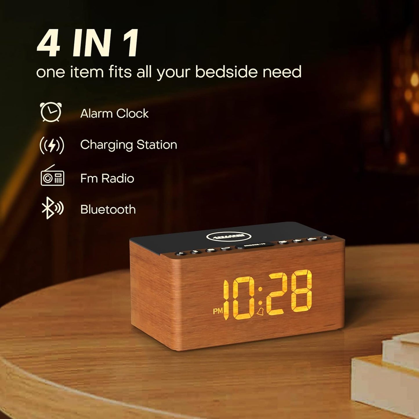 ANJANK Wooden Bluetooth Speaker, Alarm Clock with FM Radio, Qi Certified Fast Wireless Charging Station for iPhone/Samsung, USB Charger Port, Dimmable Display, Digital Wood Clock for Bedroom, Bedside