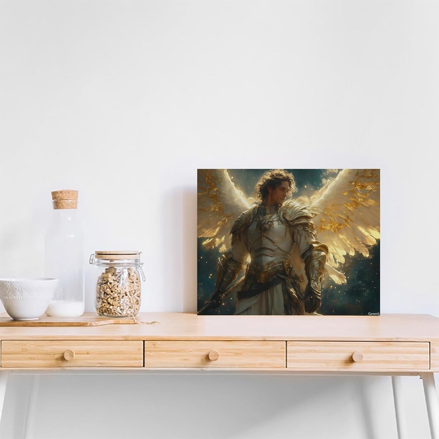Archangel Michael Wall Art, Renaissance Painting of Angel Battling Satan Intricate, Christian Decor Celestial Artwork Framed Poster Ready to Hang Framed, 8x10inch