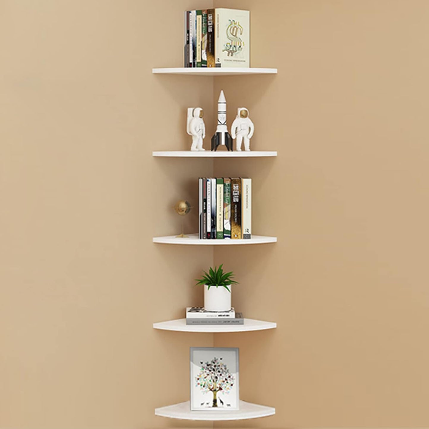 Set of 5 Pieces Corner Mounting Shelf with White, Wood Floating Wall Mounted Storage Shelf for Living Room, Bathroom, Bedroom, Kitchen, Office