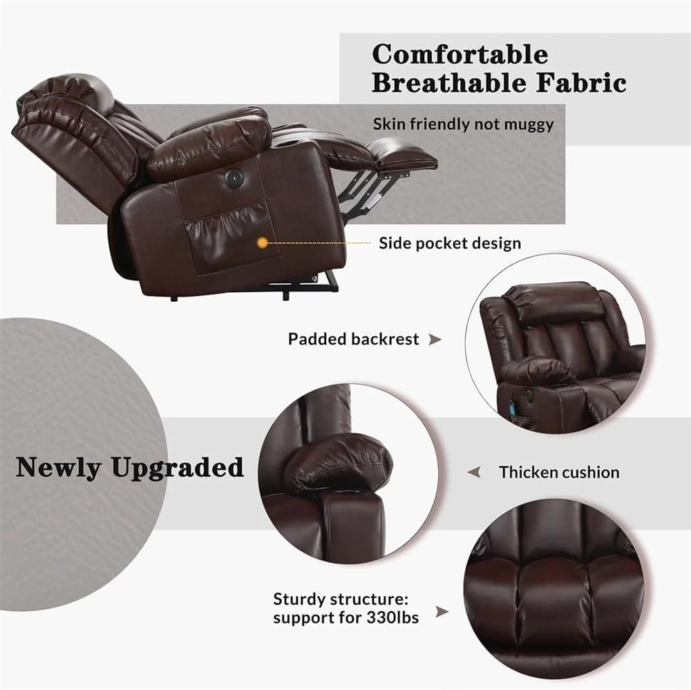 Leather Power Lift Recliner Chair for Elderly with Dual Motor, Massage and Heat, Electric Power Recliner with Adjustable Headrest, USB Ports, Side Pockets & 2 Cup Holders