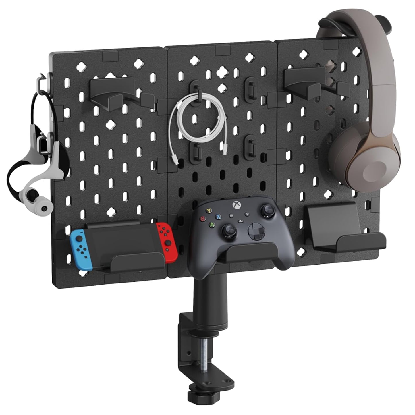 PEGZONE 3PCS Modular Headphone and Controller Holder for Game, Clamp-on Pegboard, Rotatable Controller Stand with Cable Hooks, Gaming Accessories, 3Pcs Pegboard, Black