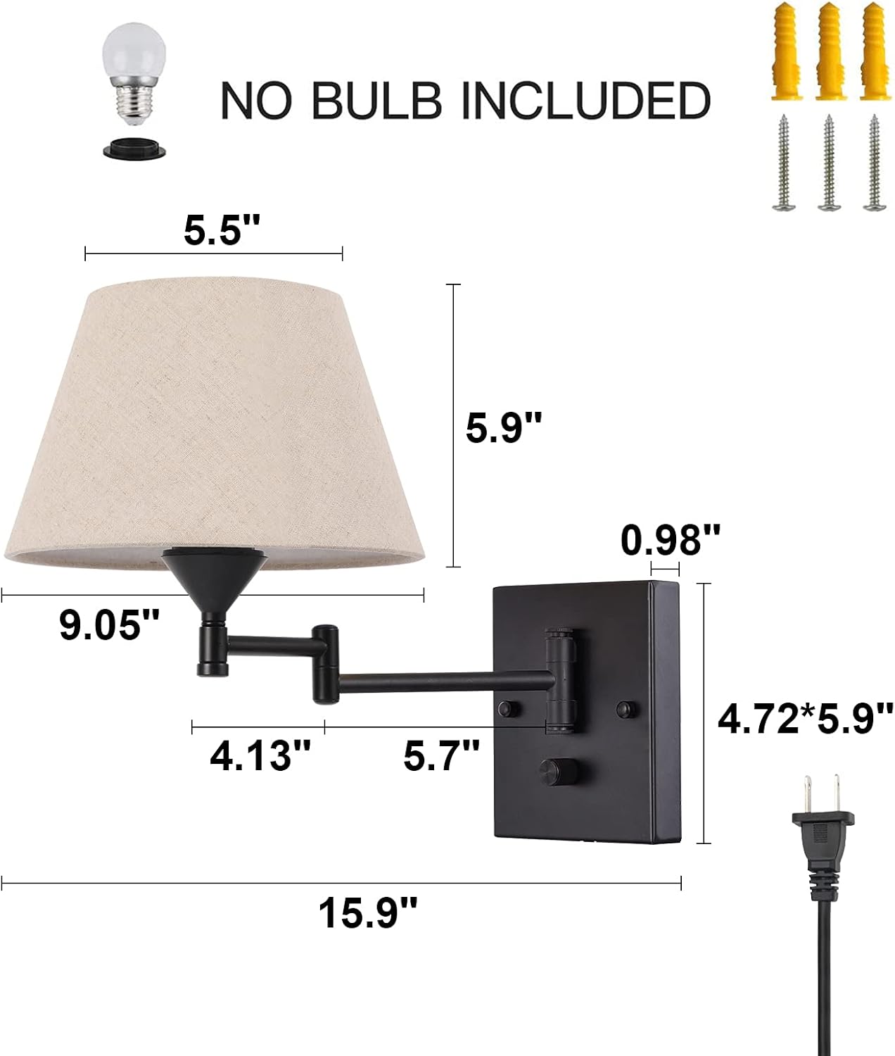 Pauwer Plug in Wall Sconce Set of 2 Swing Arm Wall Lamp with Plug in Cord and Fabric Shade Wall Light Fixtures for Hallway Bedroom Living Room (Beige Shade)