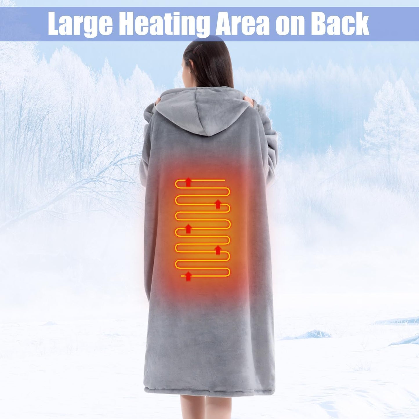 Heated Wearable Blanket Lazy Hoodie with Large Heating Area on Back Electric Heating Blanket Long Version