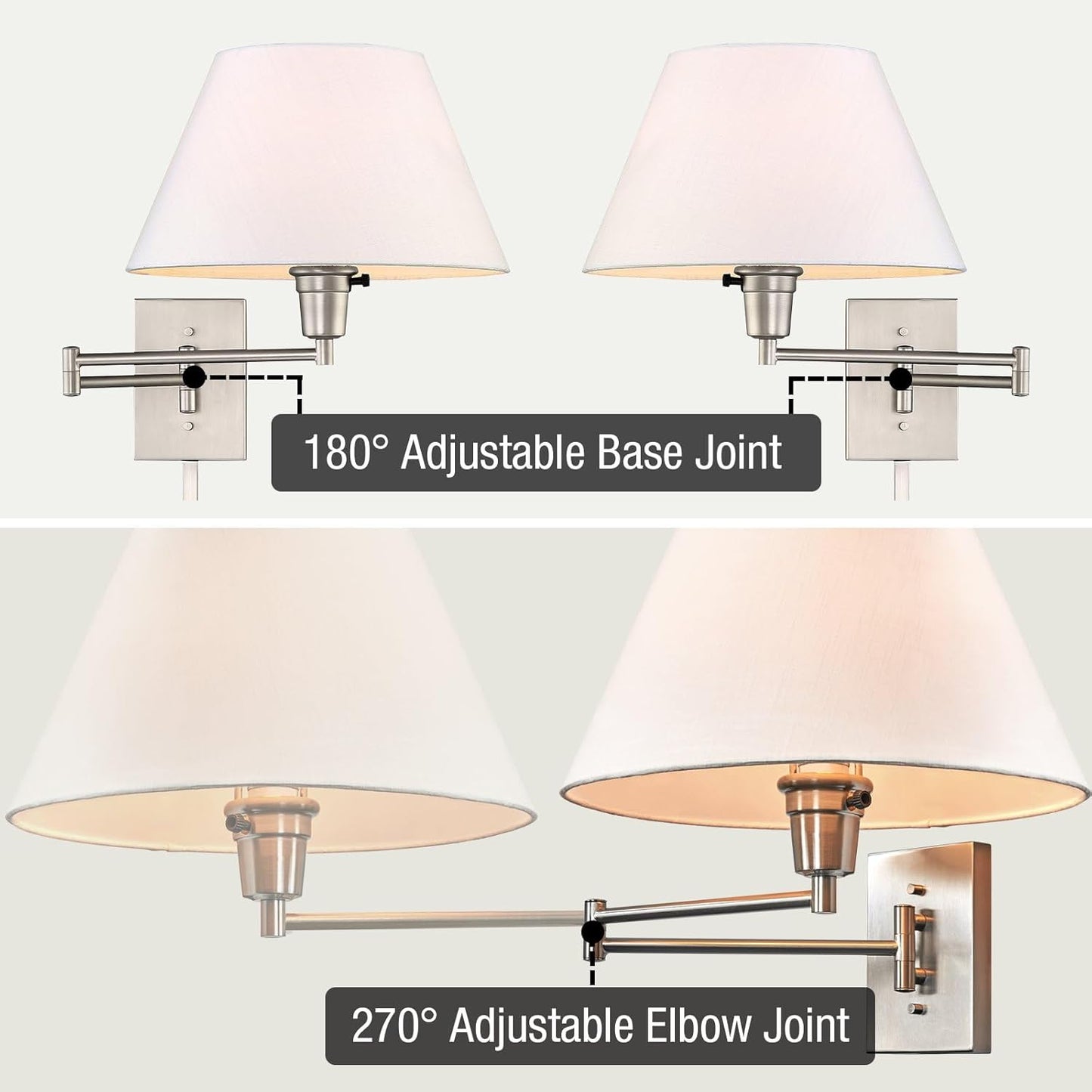 Kira Home Cambridge 15" Swing Arm Wall Lamp - Plug in/Wall Mount + White Fabric Shade, 150W 3-Way + Cord Covers, Satin Nickel Finish, 2-Pack