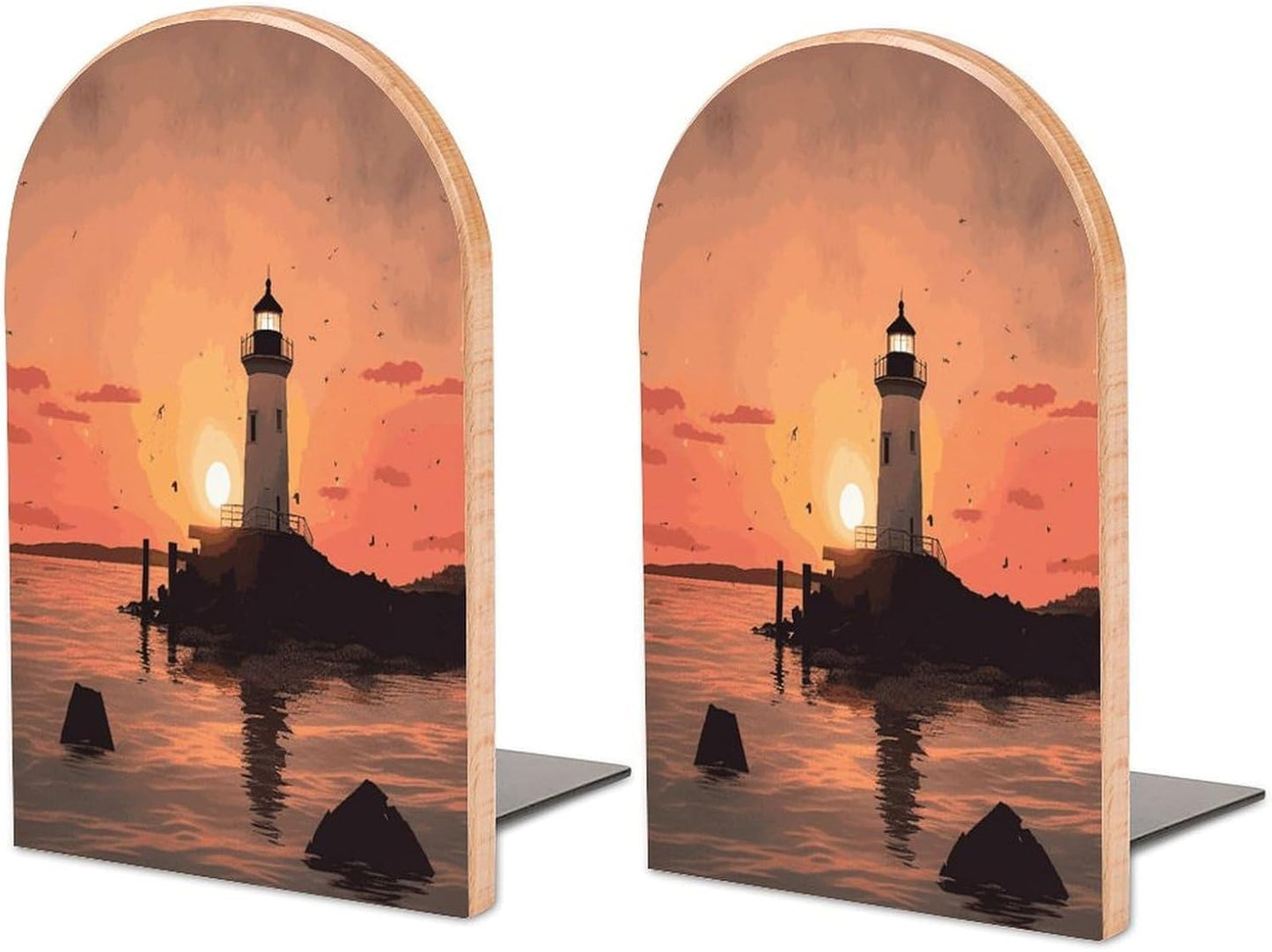 Lighthouse Sunrise Bookend for Shelves Wooden Book End Large Size Sturdy Book Holders Stoppers with Metal Base for Bookshelves Slick Decorative Bookends Stands