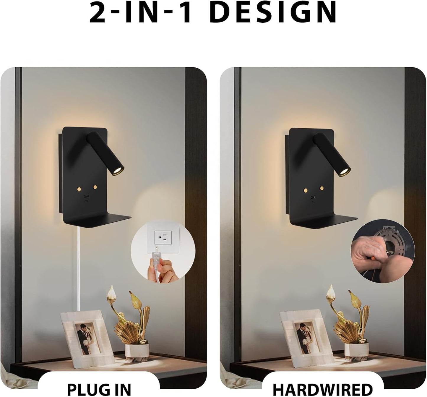ZEROUNO LED Dimmable Wall Mounted Reading Light, Backlight Night Wall Lamp, Adjustable Headboard Plug in Wall Sconce with USB C+A Ports, LED Reading Light for Bedroom Bedside Lamps