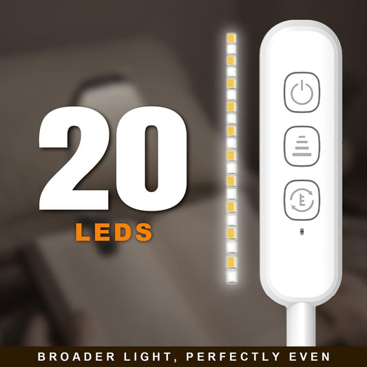 Rechargeable 20 LED Book Lights for Reading at Night - Energy Saving with Extended 60Hrs Runtime, 15-Level Stepless Dimming, Flexible Lightweight Clip on Light for Studying, Travel, White