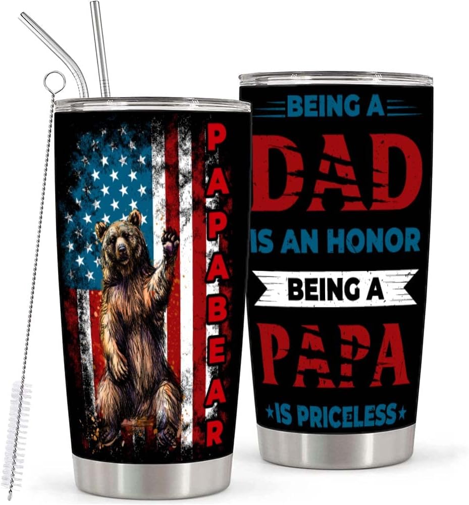 Papa Bear American Flag 20oz Stainless Steel Tumbler – Being a Dad Is an Honor Being a Papa Is Priceless, Insulated Coffee Travel Mug, Gift for Papa Dad Men