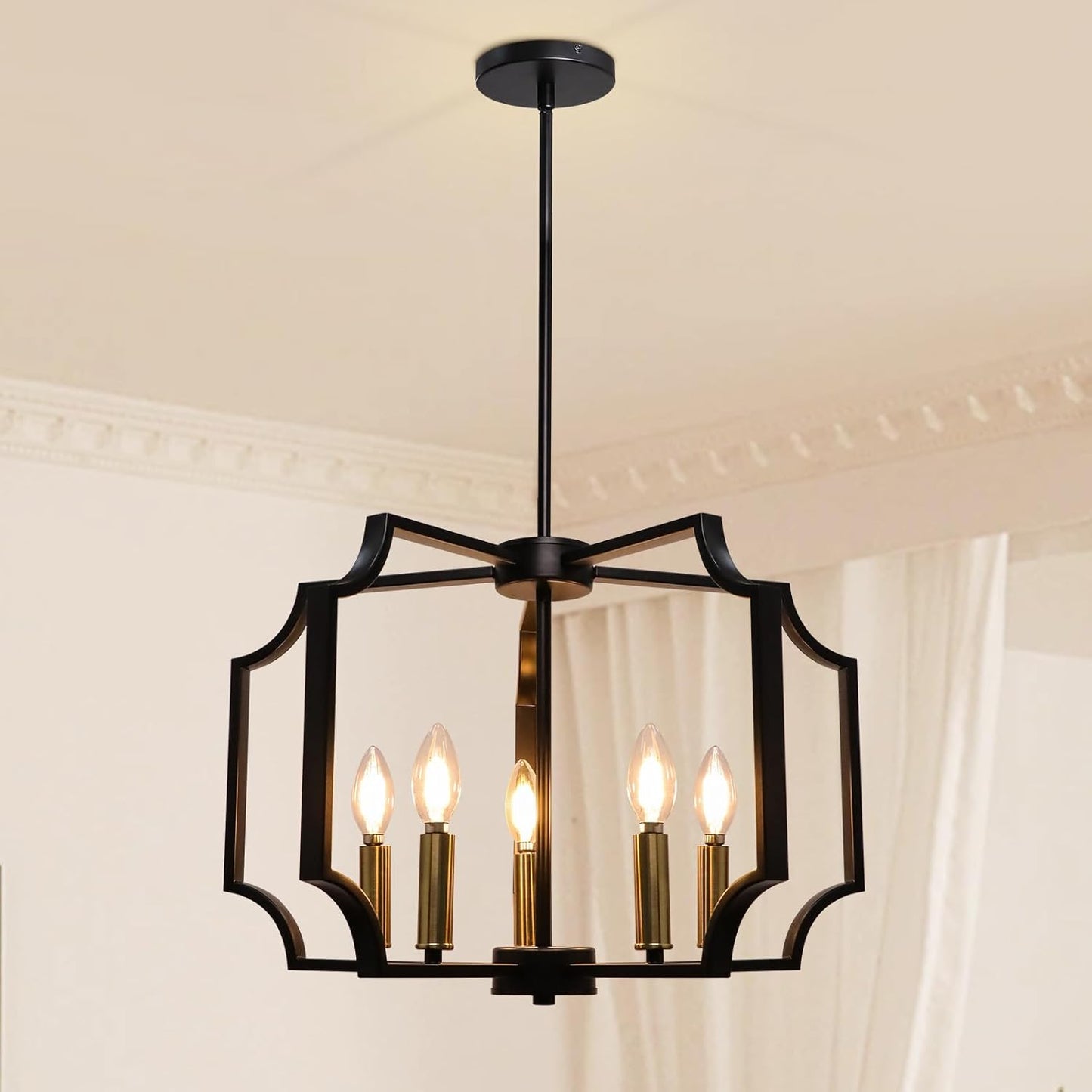Dining Room Chandeliers, Black&Gold Geometric Modern Farmhouse Chandelier, 5-Light Adjustable Hanging Industrial Metal Pendant Light Fixtures for Kitchen Island Bedroom Stairway Foyer Hallway