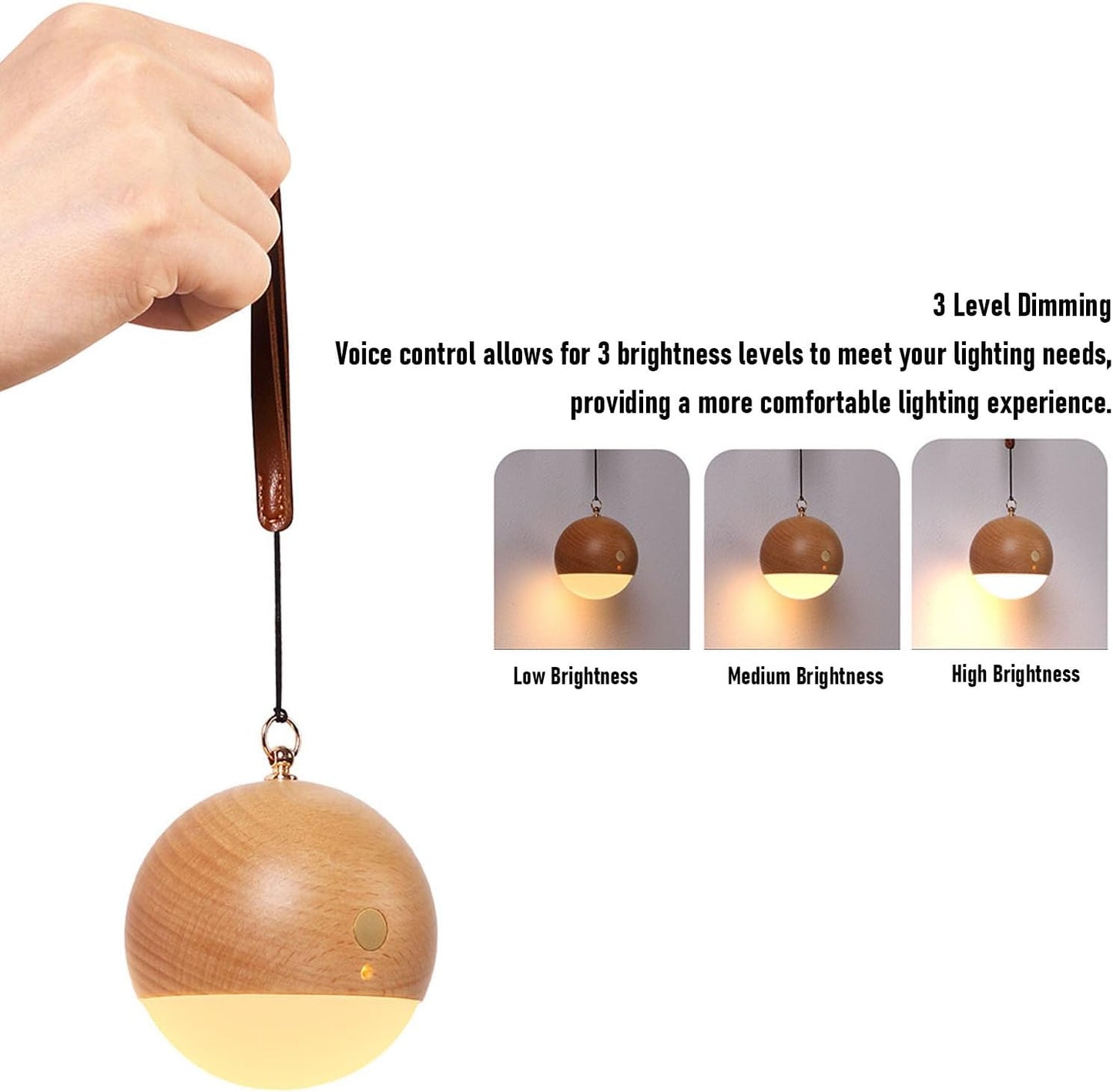 ZJchao Wooden Voice Control Night Light 3 Brightness Levels USB Rechargeable Bedside Lamp with Hanging Strap for Bedroom Nursery Desk