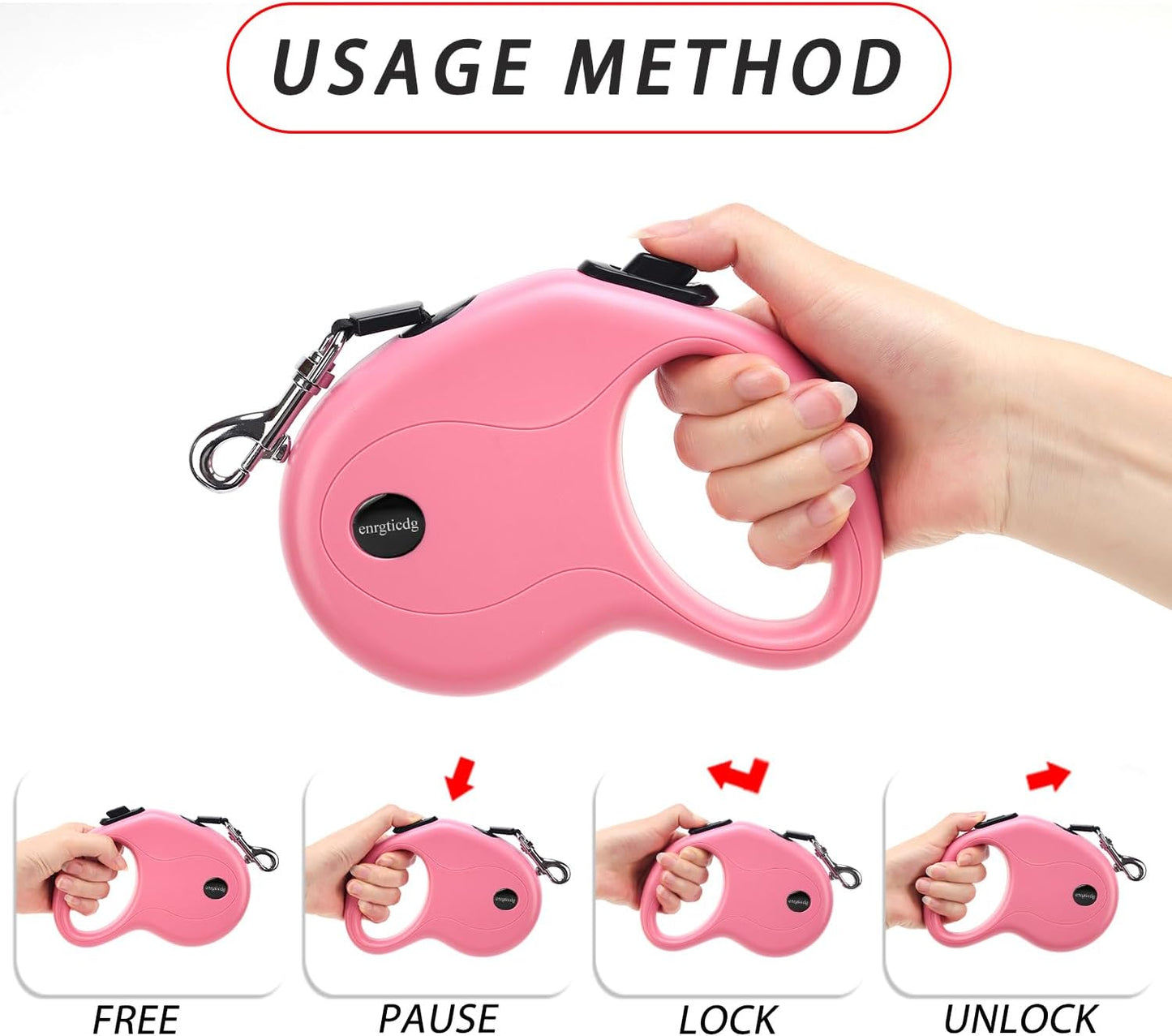 16Ft Retractable Dog Leash,Light Weight Leash for Small to Medium Dogs/Cats Up to 50lbs,Stainless Steel Spring Strong Nylon Tape, Tangle Free, One-Handed Brake.(Pink)