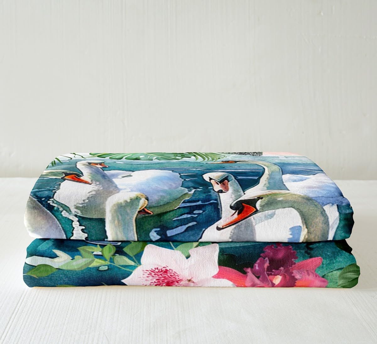 Feelyou White Swan Sherpa Blanket Botanical Decor Fleece Throw Blanket Flower Leaves Plush Blanket for Women Men Animal Fuzzy Blanket for Sofa Bed Couch,Baby 30x40 Inches