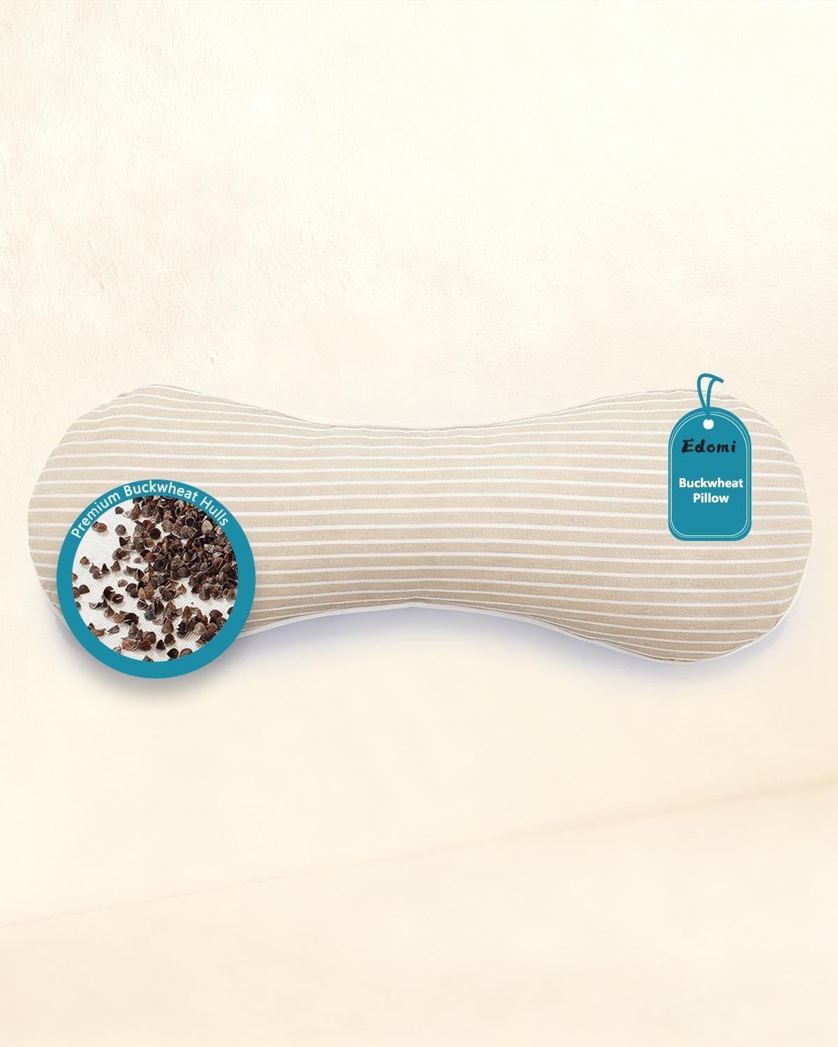 Adjustable Cervical Buckwheat Pillow for Neck Support and Pain Relief – Breathable Cylinder Bolster with Custom Comfort, Striped Cover (19.6"x7.8"), Khaki