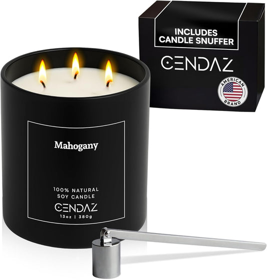Mahogany Scented Soy Candle with Snuffer Included 3 Wick Candle for Men Long Lasting 75 Hour Burn Elegant Aromatherapy Candle for Relaxation Masculine Home Decor Birthday Holiday Gift Set Spa