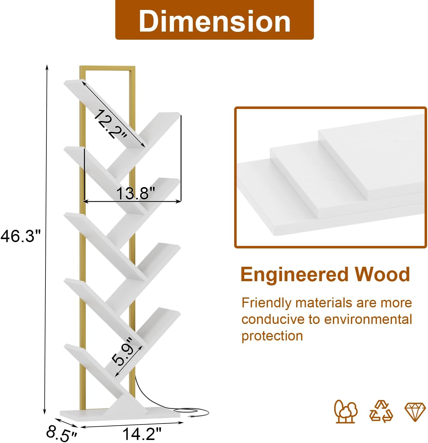 Tree Book Shelf with LED Lights, 9 Tier Floor Standing Bookcase, Classical Corner Shelf Kids Bookshelf, Tall Wood Book Storage for Bedroom, Living Room, Home Office, White