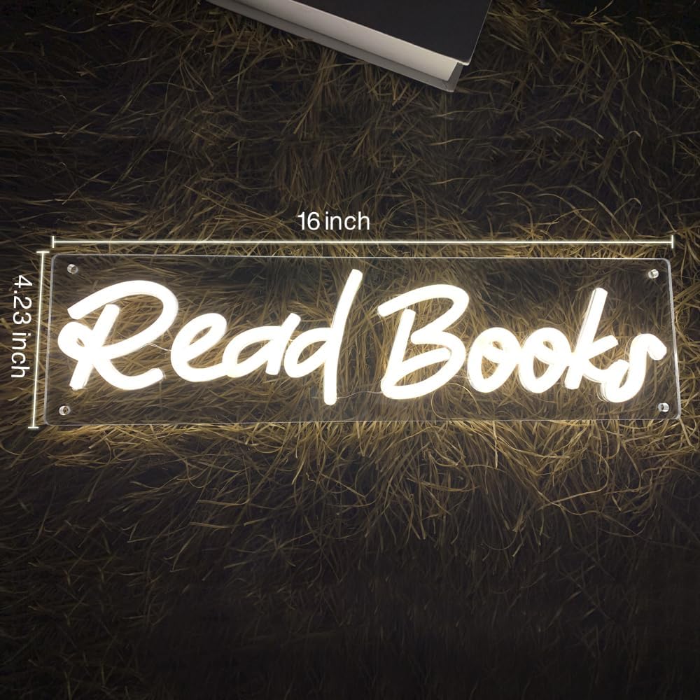 Read Books Neon Sign LED Neon Lights Dimmable USB Powered Book Lovers Words Quotes Sign Kid Room Light Wall Art for Library Classroom Reading Corner Decor 16"x4.23"