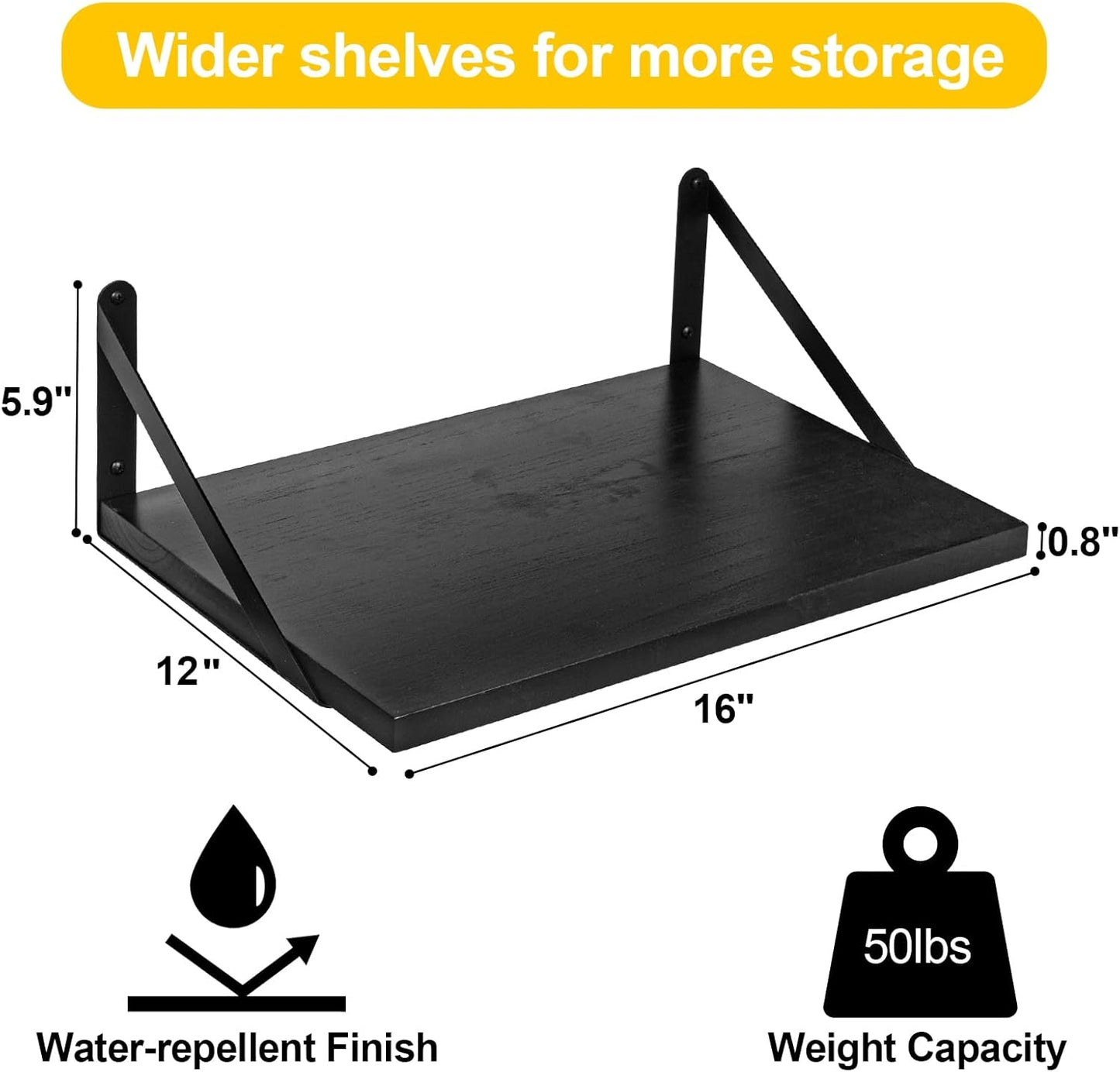 SAUMONIERES Floating Shelves Bookshelf for Bedroom Bathroom Living Room Wood Wall Mounted Wide Deep Storage, Black Painted Set of 2