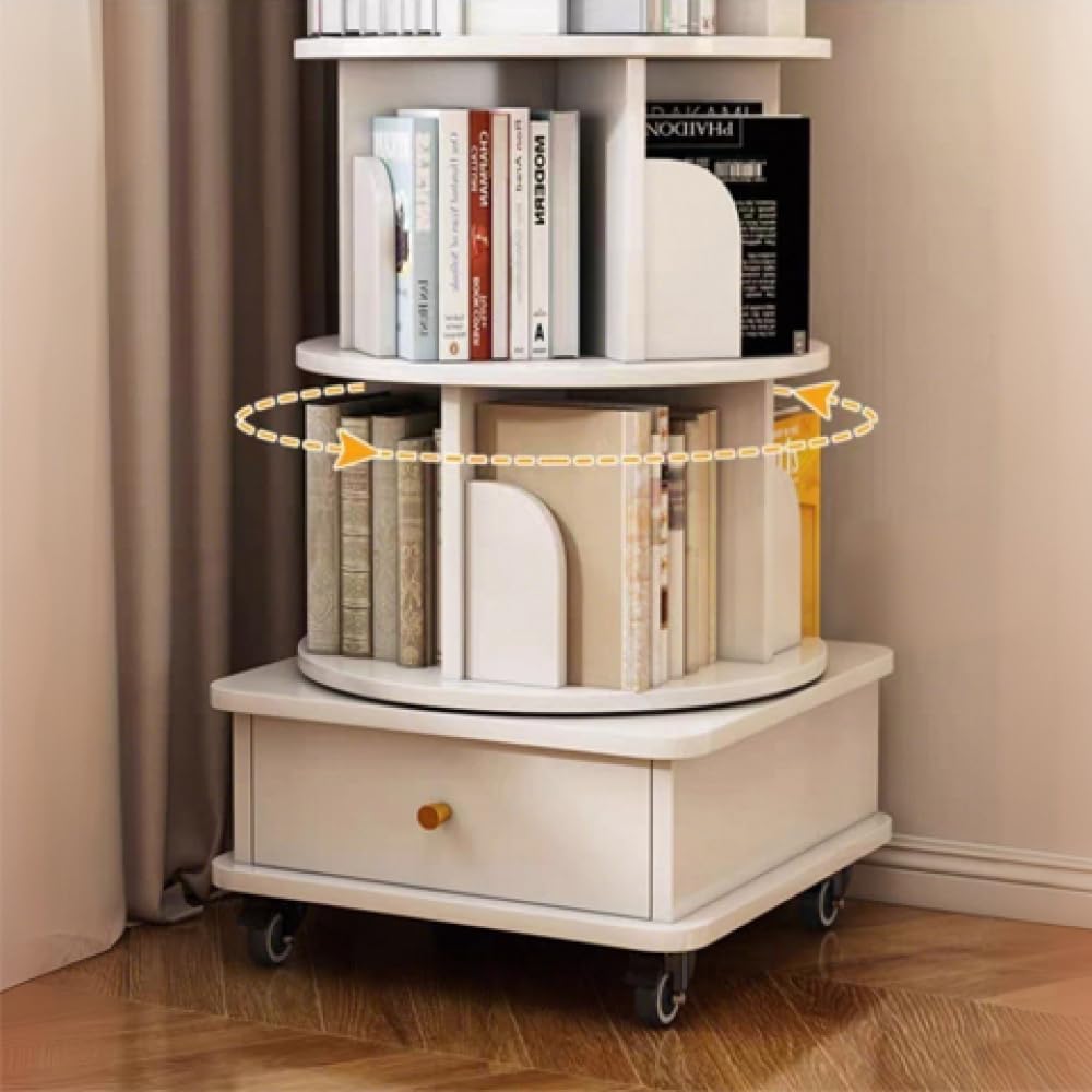 360° Rotating 6-Tier Bookshelf with Drawer & Wheels - Space-Saving Tall Bookcase for Bedroom, Living Room & Office - Stylish White Wood Corner Shelf