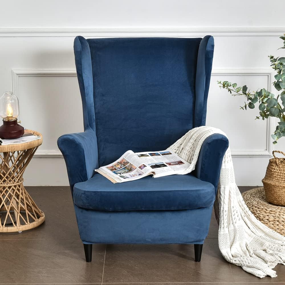 OBCREAT Wingback Chair Covers,2 Piece Stretch Velvet Wingback Chair Slipcover Soft Wing Chair Sofa Covers with Elastic Bottom,Armchair Couch Cover Furniture Protector for Living Room (Navy)