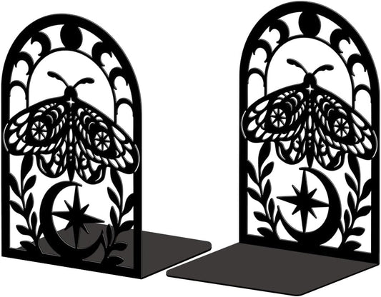 Peacoblue Metal Bookends for Shelves, Modern Decorative Heavy Duty Study Book Support Stoppers for Office, Desk, Shelf, Room 5.3"x4.3"x7.9" Cast Iron Simple Tall Bookends, 1 Pair (Moth)