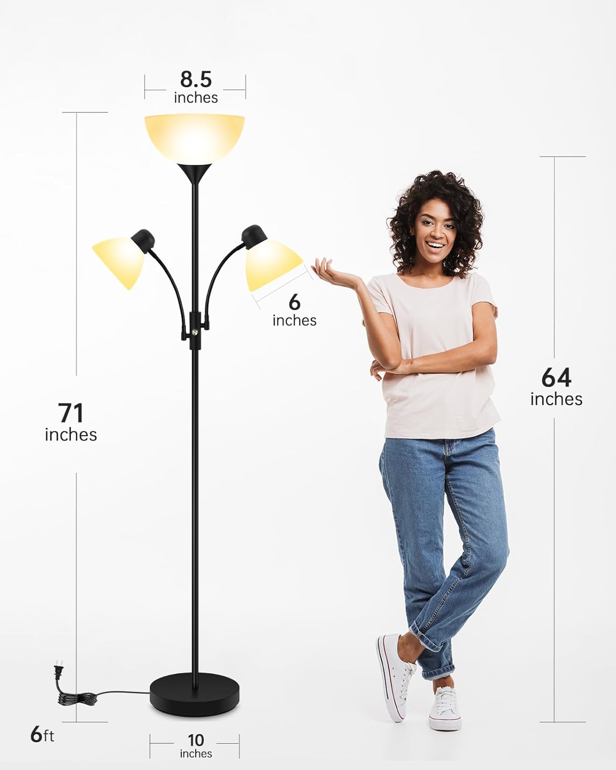 Floor Lamp, Torchiere Floor Lamps for Living Room, 71 Inch Tall Standing Lamp, Bedroom Lamps with Reading Light, Rotary Switch, 3 Plastic Lampshade, Torch Floor lamps for Bedroom (Black, No Bulb)