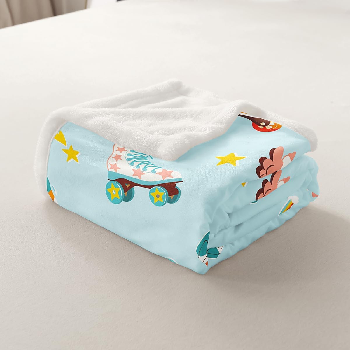 Manfei Skating Kids Throw Blanket,Roller Skates Winter Sports Games Bed Blanket for Boys Girls Adults,Rainbow Light Stars Cartoon Fleece Blanket,Blue Cute Fuzzy Blanket,Throw Size (50 x 60 Inches)