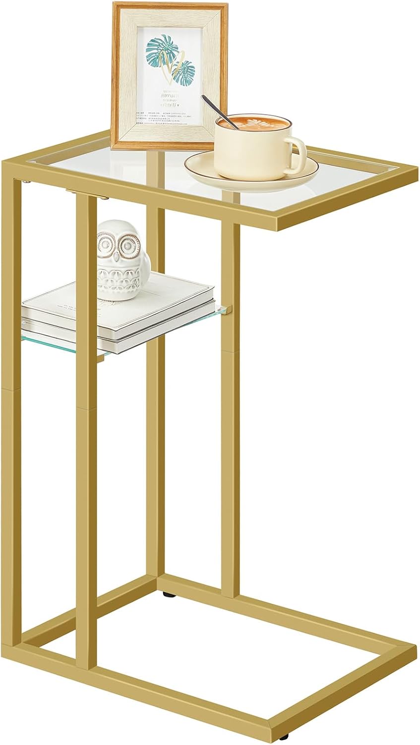 HOOBRO C Shaped End Table, Small Side Table for Couch, Gold Sofa Table with Tempered Glass, Coffee Table, Slide Under Couch, for Living Room, Bedside, Bathroom, Gold GD08SF01