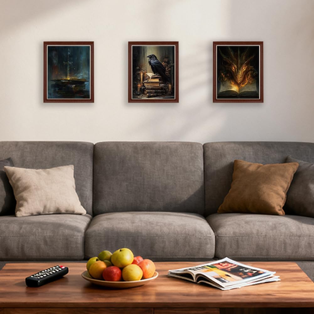 CRAFTYMELODY Book Dragon Bird Wall Art Prints Set of 4 Dark Style Fantasy Magic Poster Wall Decor Book Lover Artworks for Living Room Bedroom Classroom Office Decoration 8x10 Inch Unframed