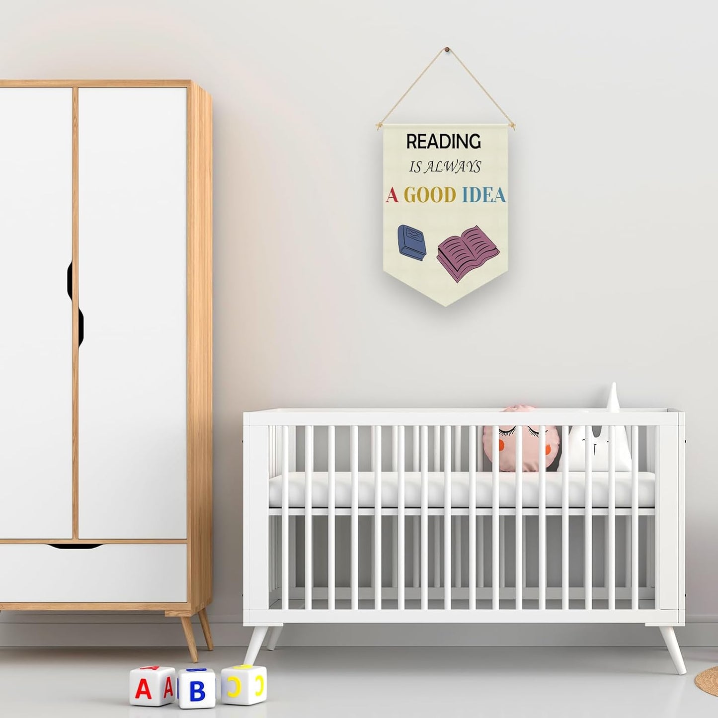 Reading Corner Decor Canvas Banner Kids Reading Decor Classroom Library Playroom Wall Art Decors Hanging Pennant Flag Banner for Nursery Toddler Kindergarten Kids Room Wall Decors