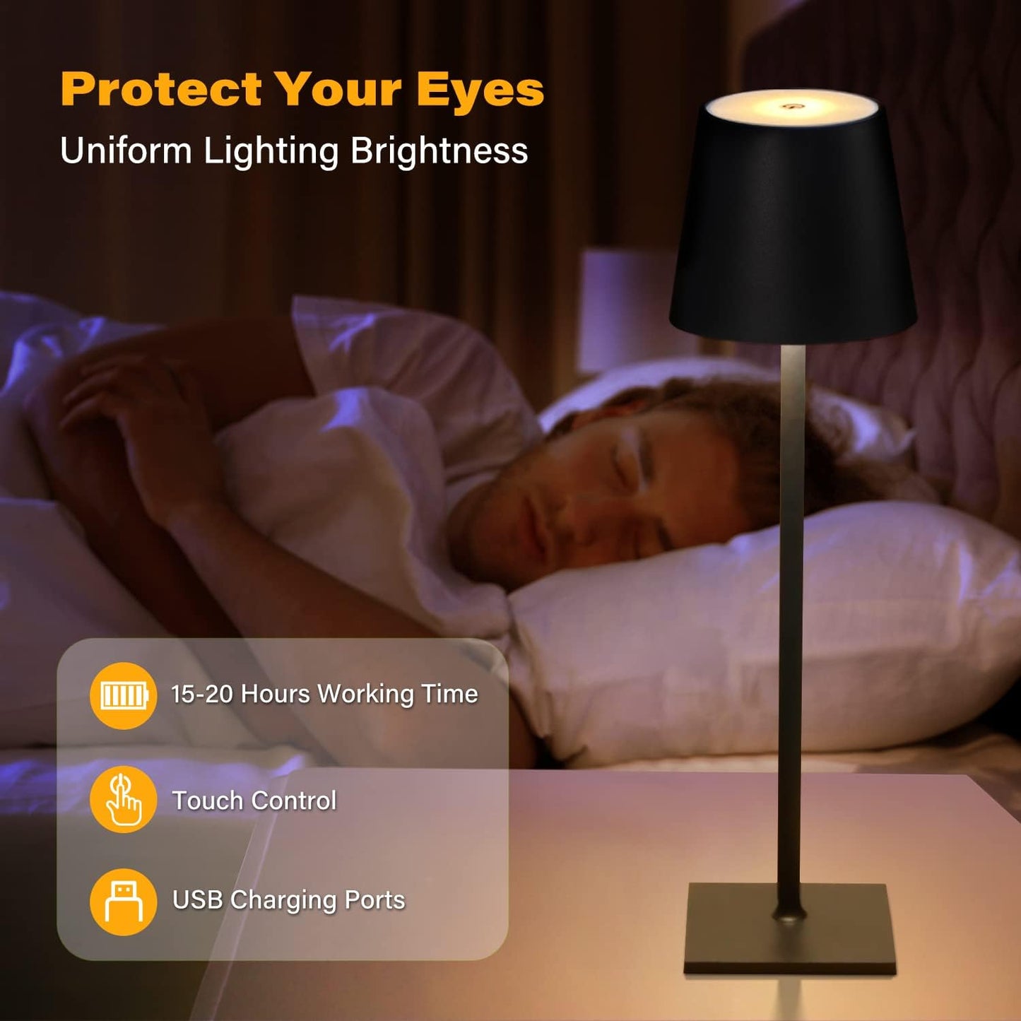 Cordless Table Lamps, 3 Colors Stepless Dimming, 5000mAh Rechargeable Battery LED Desk Lamp for Bedroom/Couple Dinner/Desk/Cafe/Dining Room/Terrace (Black)
