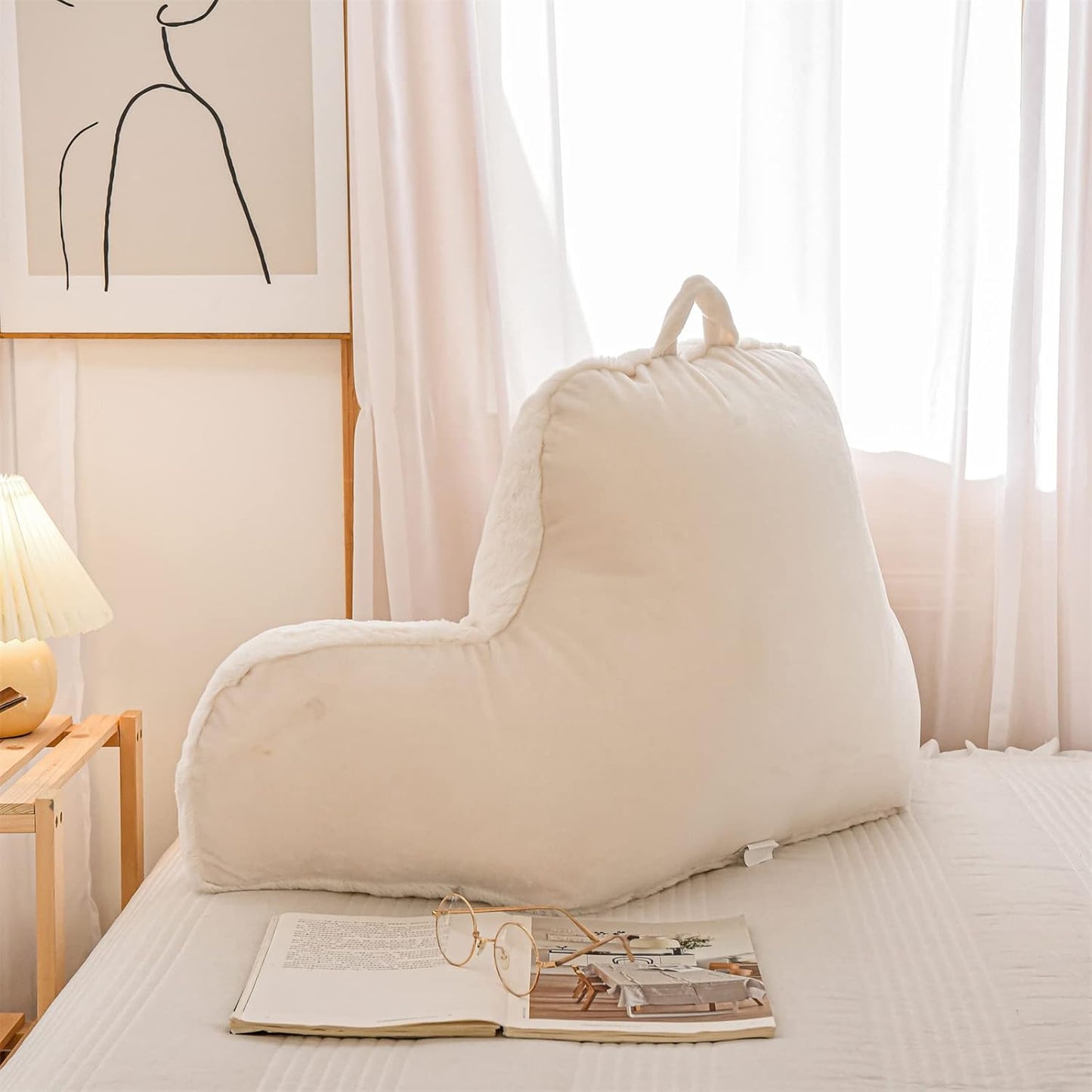 Reading Pillow with Arms — Large Faux Fur Wedge Backrest for Bed & Couch, Adults & Children (Ivory)