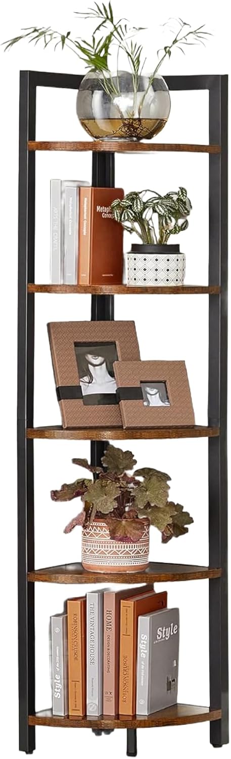 VASAGLE Corner Shelf, 5 Tier Bookshelf, Tall Corner Storage Shelves, Plant Stand for Living Room, Bedroom, Bathroom, Home Office, Rustic Brown and Black ULLS803B01