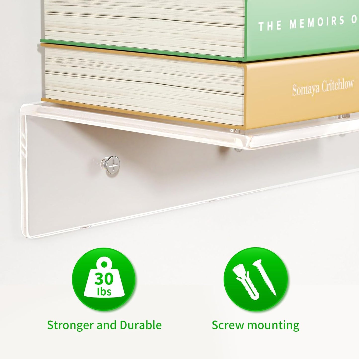 FEMELI 2 PCS 15" Acrylic Floating Shelves, Clear Shelf for Display, Plant, Perfume, Book in Bedroom Living Room Office, 5mm Thick Wall-Mounted Acrylic Shelves for Wall