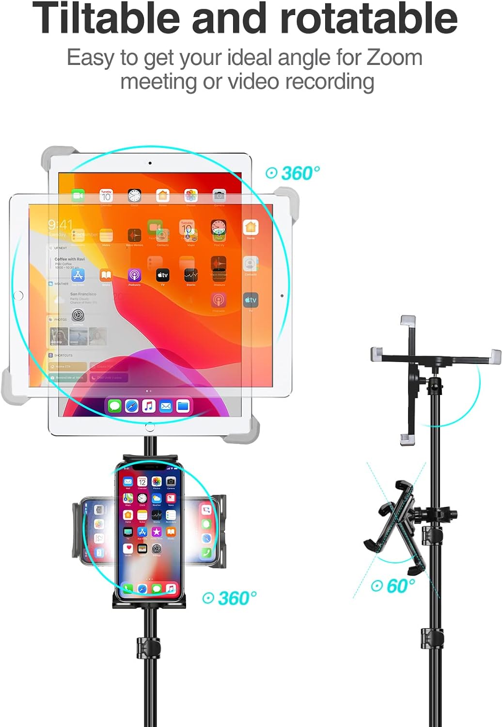 elitehood iPad Tripod Stand, 65-inch Height Adjustable iPad Stand Holder, 360° Rotating Tablet Tripod for Music, Compatible with iPad Pro 13 12.9 11 Air and All 4-14.5 Inch Tablets