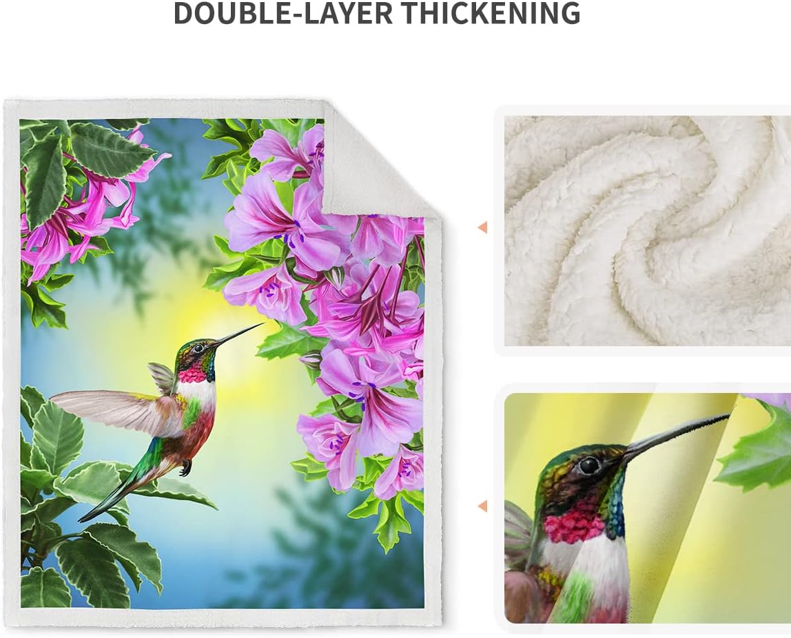 Jekeno Hummingbird Floral Blanket Gifts for Women Kids Girls Mom Pink Flowers Bird Home Bedroom Mother's Day Decor Soft Cozy Lightweight Plush Sherpa Throw Blanket 50"x60"