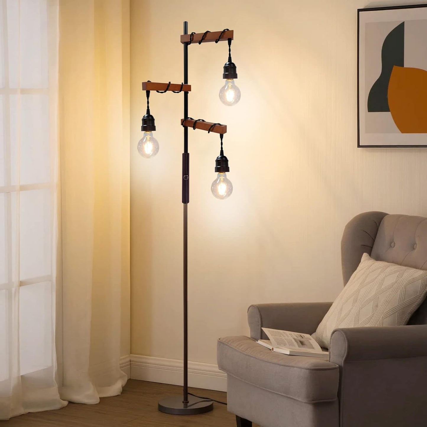 Dimmable Industrial Floor Lamp,Modern Farmhouse Tree Standing Lamps for Living Room Bedroom Office Rustic Home Decor