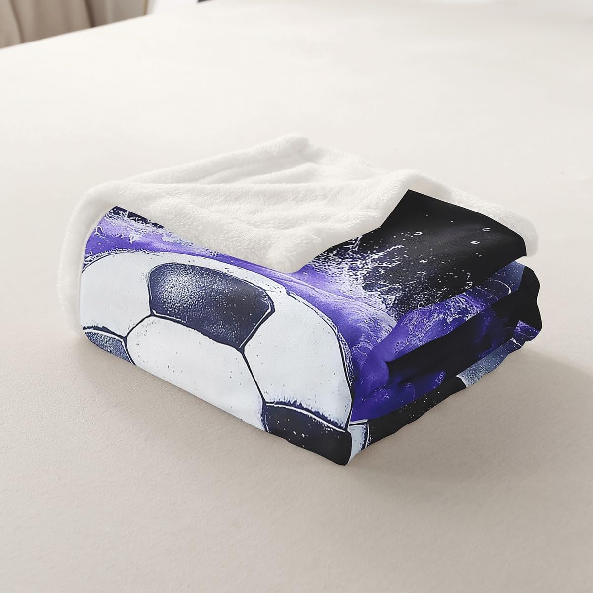 Feelyou Soccer Fleece Throw Blanket Twin 60"x80" Soccer Ball Game Plush Blanket Gift for Football Lover Sherpa Blanket Rugby Sports Fuzzy Blanket Purple Black Flannal Blanket