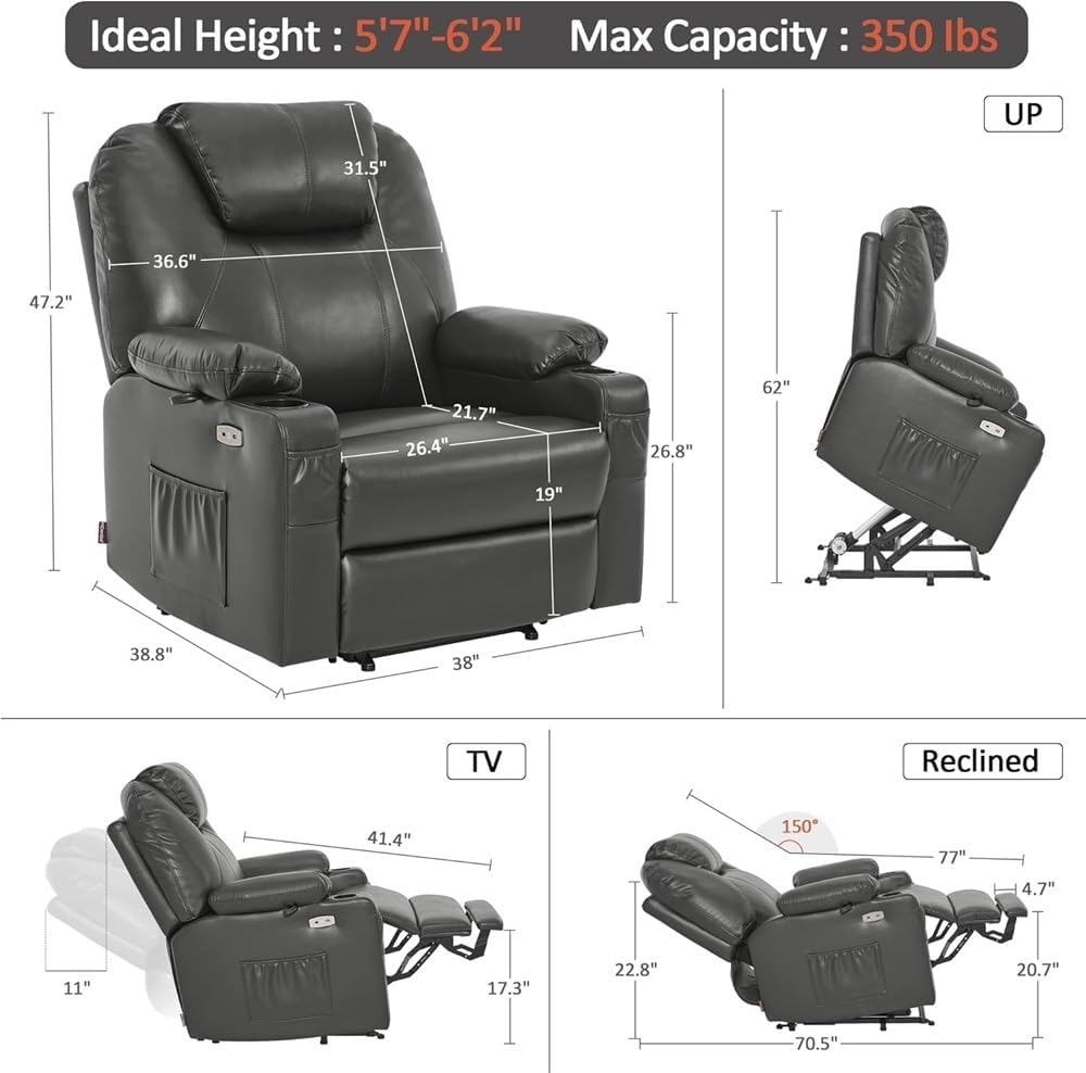 Power Lift Recliner Chair with Heat and Massage, Ergonomic Electric Recliner with Stand Assistance, Comfortable Leather Recliner Sofa for Elderly Adults, Living Room Seating