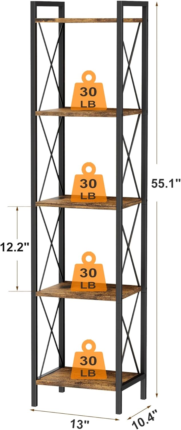 Homhedy 5 Tier Bookshelf, Tall Narrow Bookcase for Small Space, Metal Storage Book Shelf, for Home Office, Living Room, Kitchen, Bedroom, Industrial Style, 10.4" D x 13" W x 55.1" H, Rustic Brown
