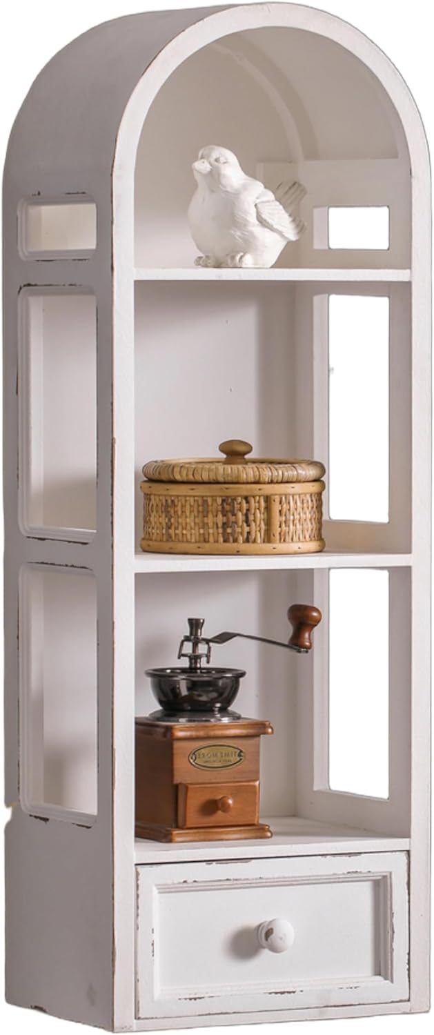 SOFE 3 Shelf White Wall Storage Cabinet with Drawer, 31" Tall Narrow Bathroom Cabinet Wall Mounted, Wood Display Cabinet, Arched Bookshelf, Modern Farmhouse Hanging Cabinets Storage