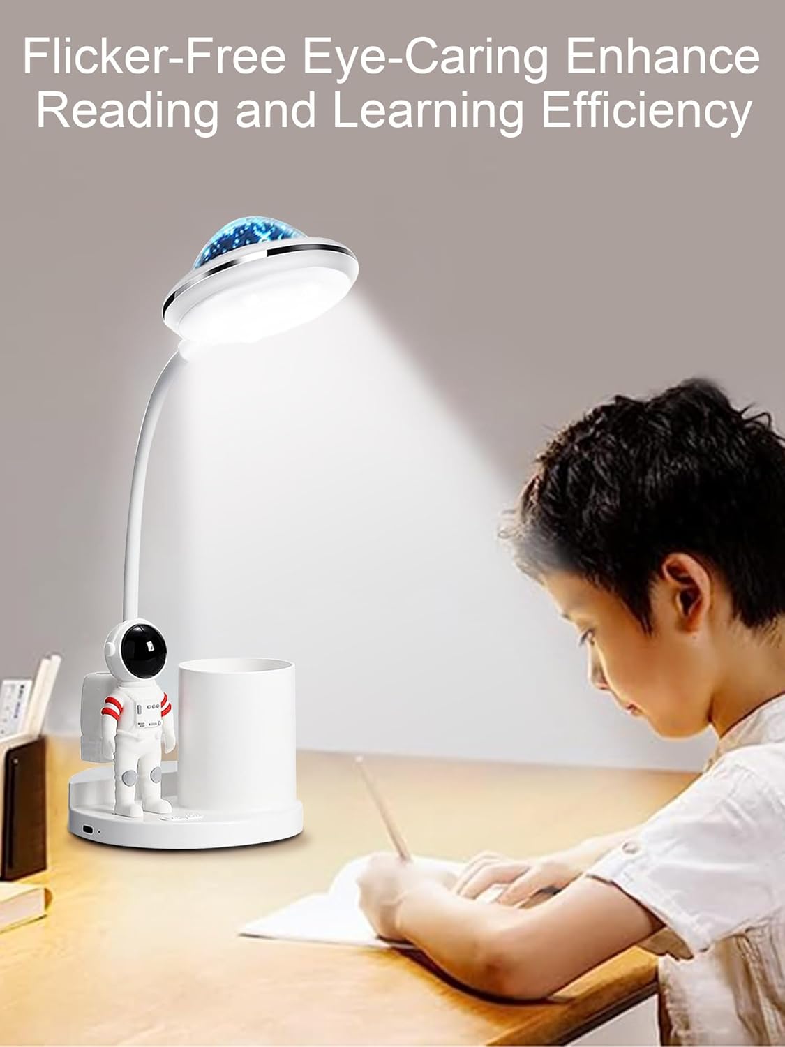 Astronaut Desk Lamp for Kids,Star Space Projector Space Rocket Lamps,Astronauta Lights with Pen Holder,Step-Less Dimming Lighting,Eye-Care Reading Small Desk Lamps for Bedroom,Gifts for Boys and Girls