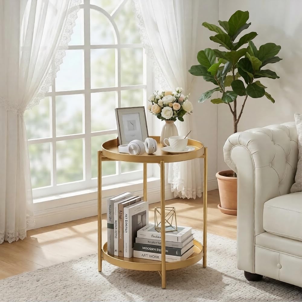 TeoKJ 2 Tier Gold Side Table, Folding Round Metal End Table Small Nightstand with Two Removable Tray for Bedroom Living Room Small Spaces Bedside Gold
