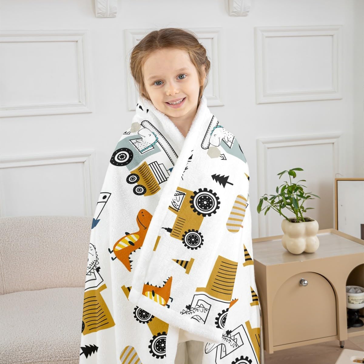 Construction Sherpa Twin 60"x80" Equipment Trucks Fleece Throw Blanket for Kids Boys Girls Decor Dinosaur Plush Blanket 3D Digital Print Yellow Fuzzy Bedroom